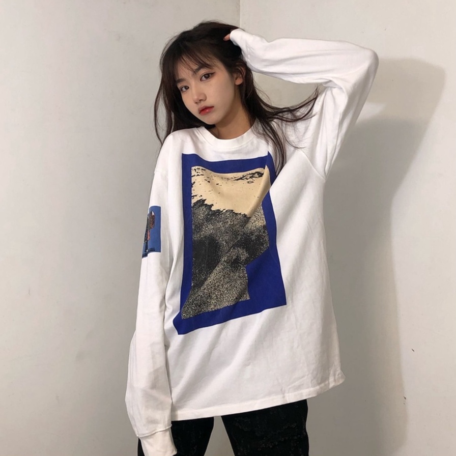 【ZHELIHANGFEI】Áo Thun Tay Dài Form Rộng Họa Tiết In Theo Phong Cách Preppy