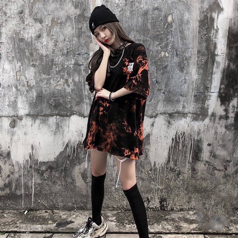 ÁO THUN TAY LỠ HỌA TIẾT LOANG CAM ĐEN dáng thụng ulzzang