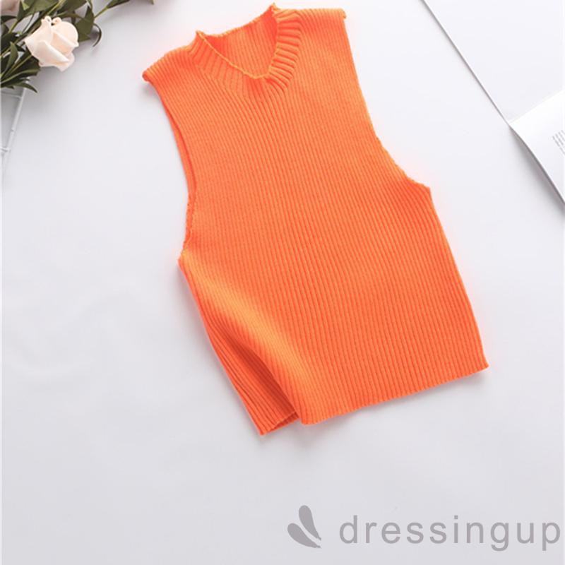 Áo Dệt Kim Sát Nách Cổ Tròn Màu Sắc Đơn Giản Cho Nữ