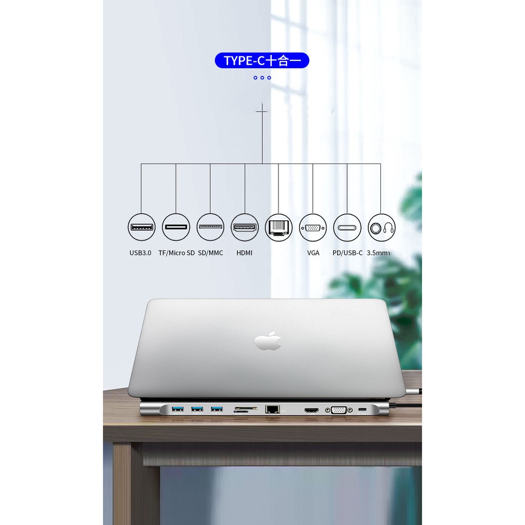 Hub USB Type-C đa chức năng HDMI/ VGA/ RJ45/ PD/ USB/ TF/ SD - UTH111160