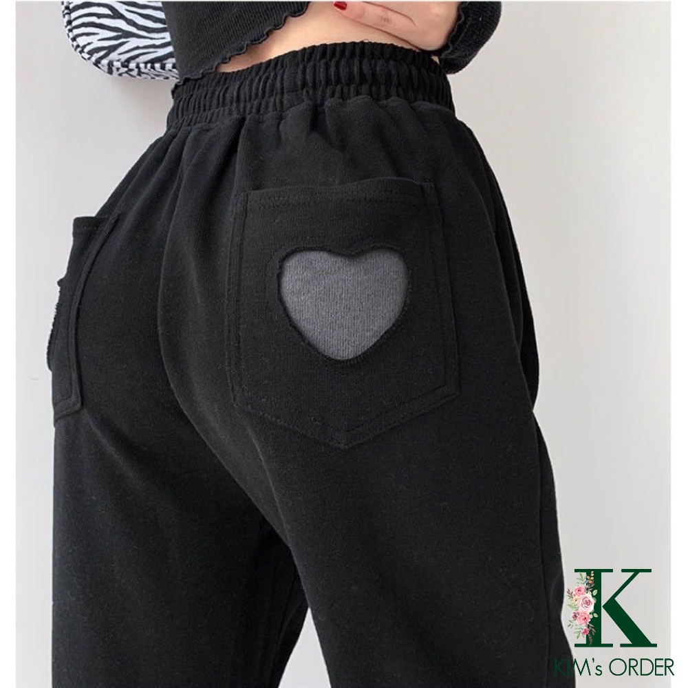 Quần nỉ jogger ống boom suông bo gấu màu đen xám cạp chun mông trái tim thể thao năng động sport phong cách Ulzzang
