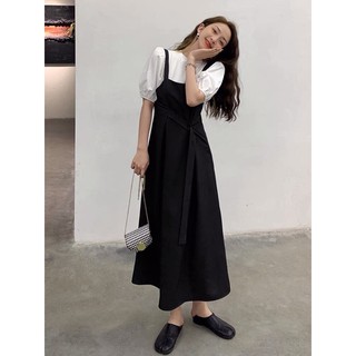 (Sẵn)Đầm yếm dài Hàn Quốc dễ thương - Váy yếm hai dây vintage kèm áo phông