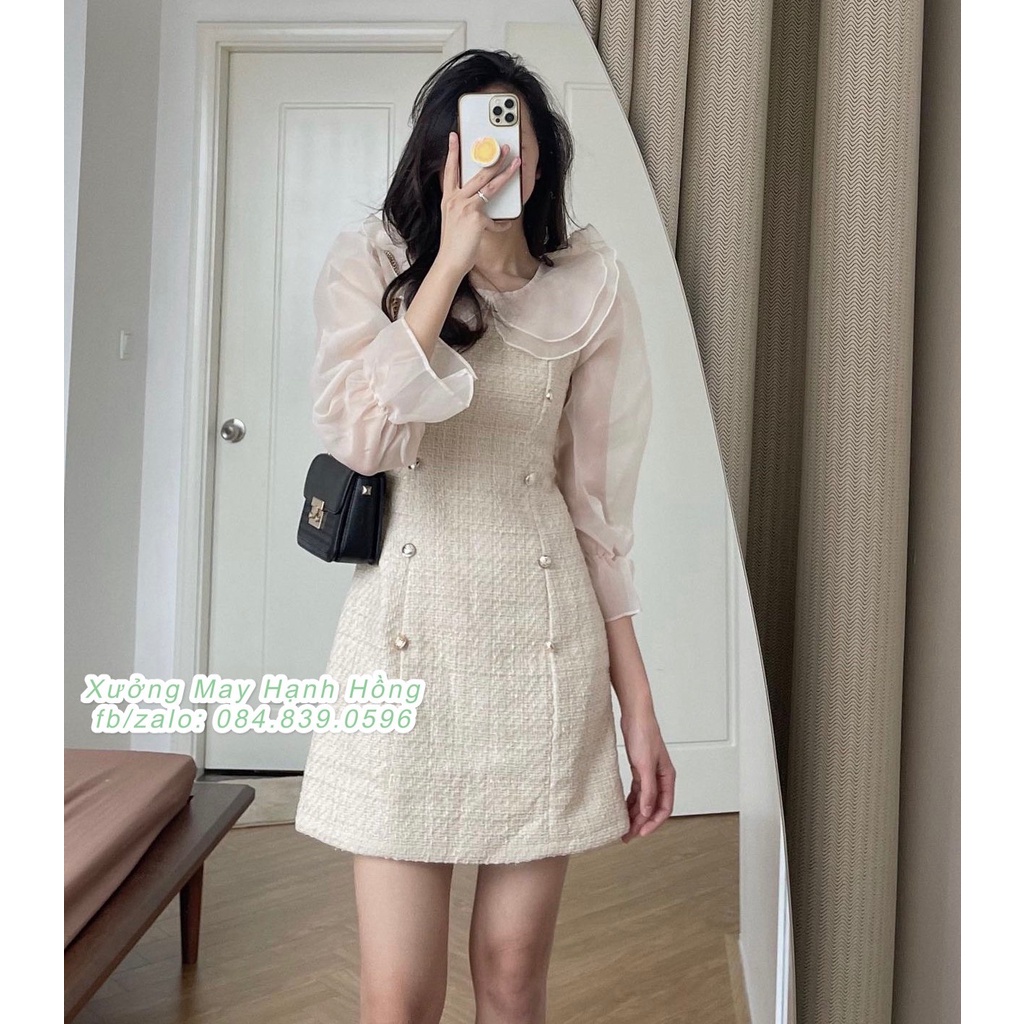Váy dạ tweed trắng sữa tay bồng cổ bèo tiểu thư - Xưởng May Hạnh Hồng | BigBuy360 - bigbuy360.vn