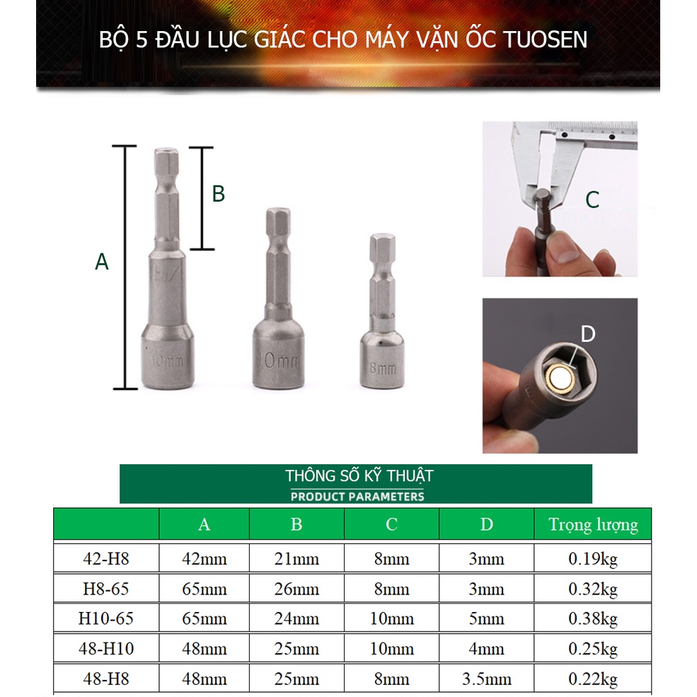 Bộ 5 đầu lục giác cho máy vặn ốc, bắt vít TUOSEN