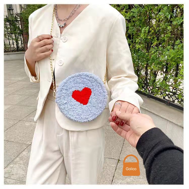 Tự đan handmade thời trang len xù phối trái tim diy túi