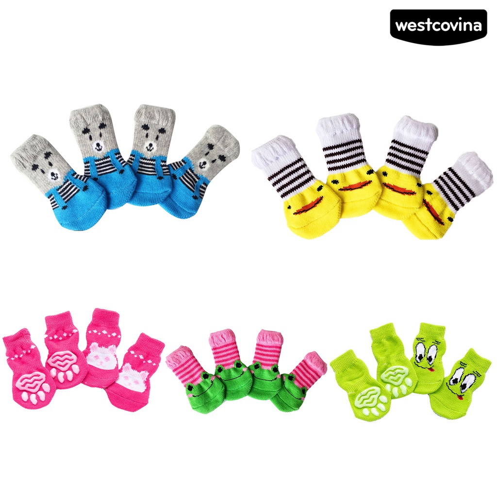 Bộ 4 Đôi Vớ Cotton Giữ Ấm Chống Trượt In Họa Tiết Hoạt Hình Cho Thú Cưng