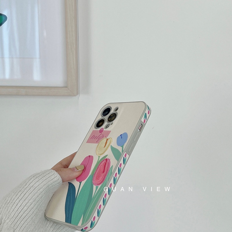 Ốp điện thoại mềm chống sốc thêu hình hoa tulip phong cách Hàn Quốc cho iPhone 13 8P 12 X/11
