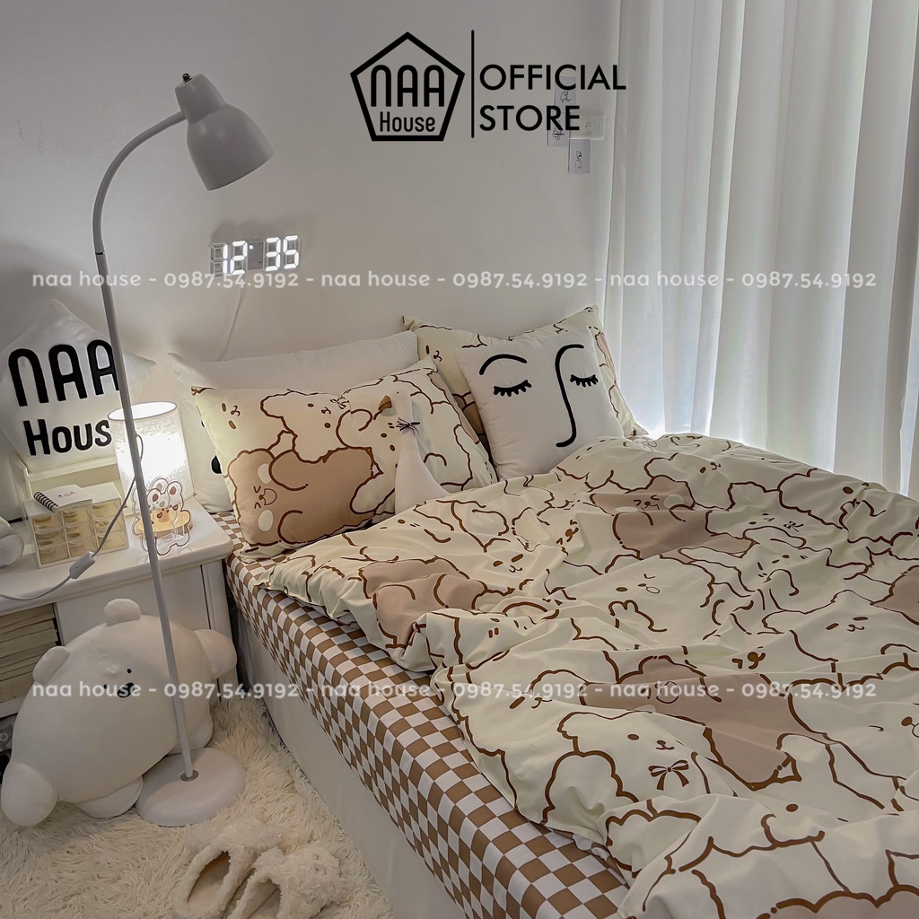 Bộ vỏ chăn ga gối NAA House (mẫu gấu hồng mix be)