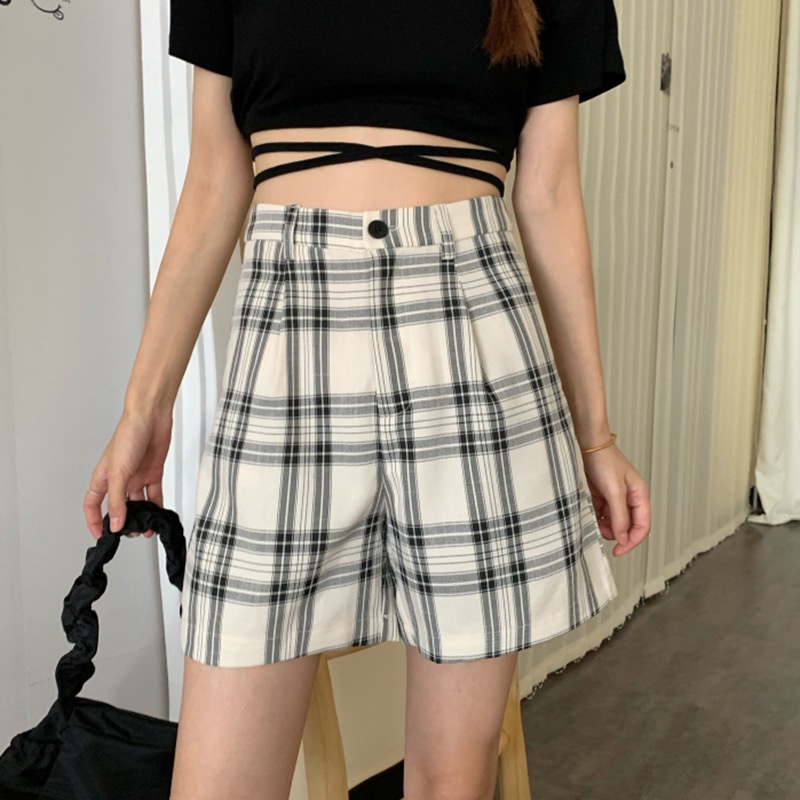 Quần Short Lưng Cao Ống Rộng Họa Tiết Sọc Caro Thời Trang Mùa Hè Cho Nữ