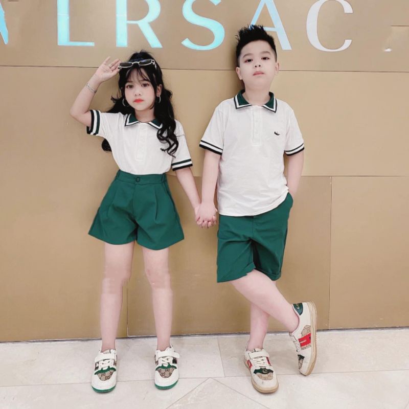 Sét cặp áo La cos Polo xanh quần kaki bé trai, bé gái size từ 8 đến 28kg.
