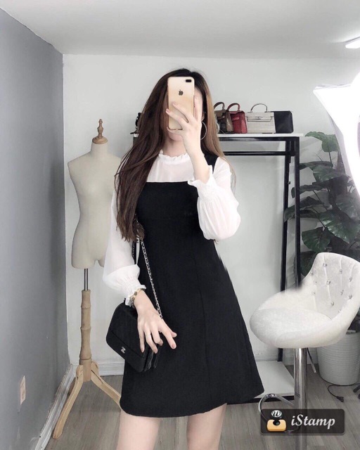 KÈM ẢNH THẬT Đầm Cổ Xếp Li Phối Voan KEM/ĐEN