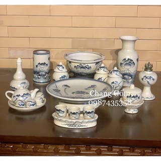 Set đồ thờ men rạn vẽ sen gốm sứ Bát Tràng