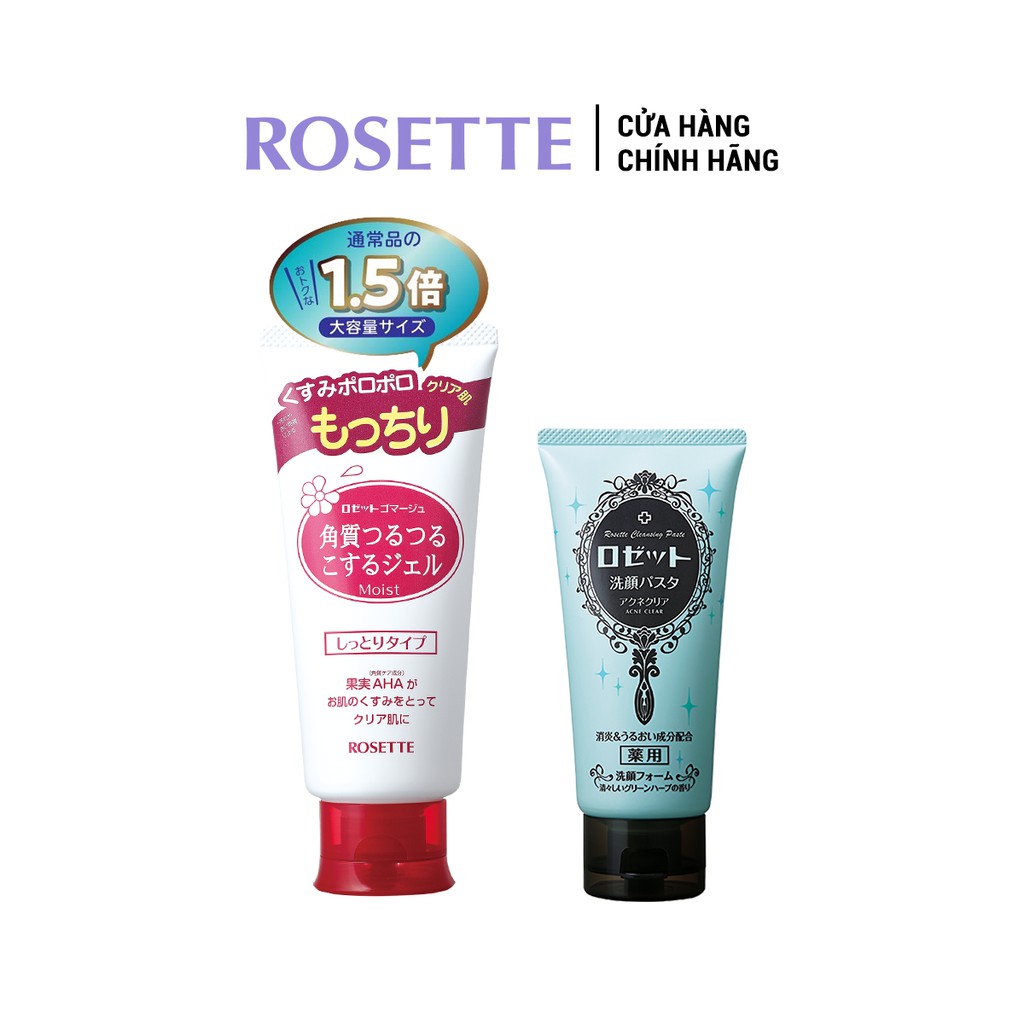 Bộ Sữa Rửa Mặt Làm Giảm Mụn Rosette Pasta Acne Clear 120g và Tẩy Tế Bào Chết Dành Cho Da Khô Rosette Gommage Moist 180g