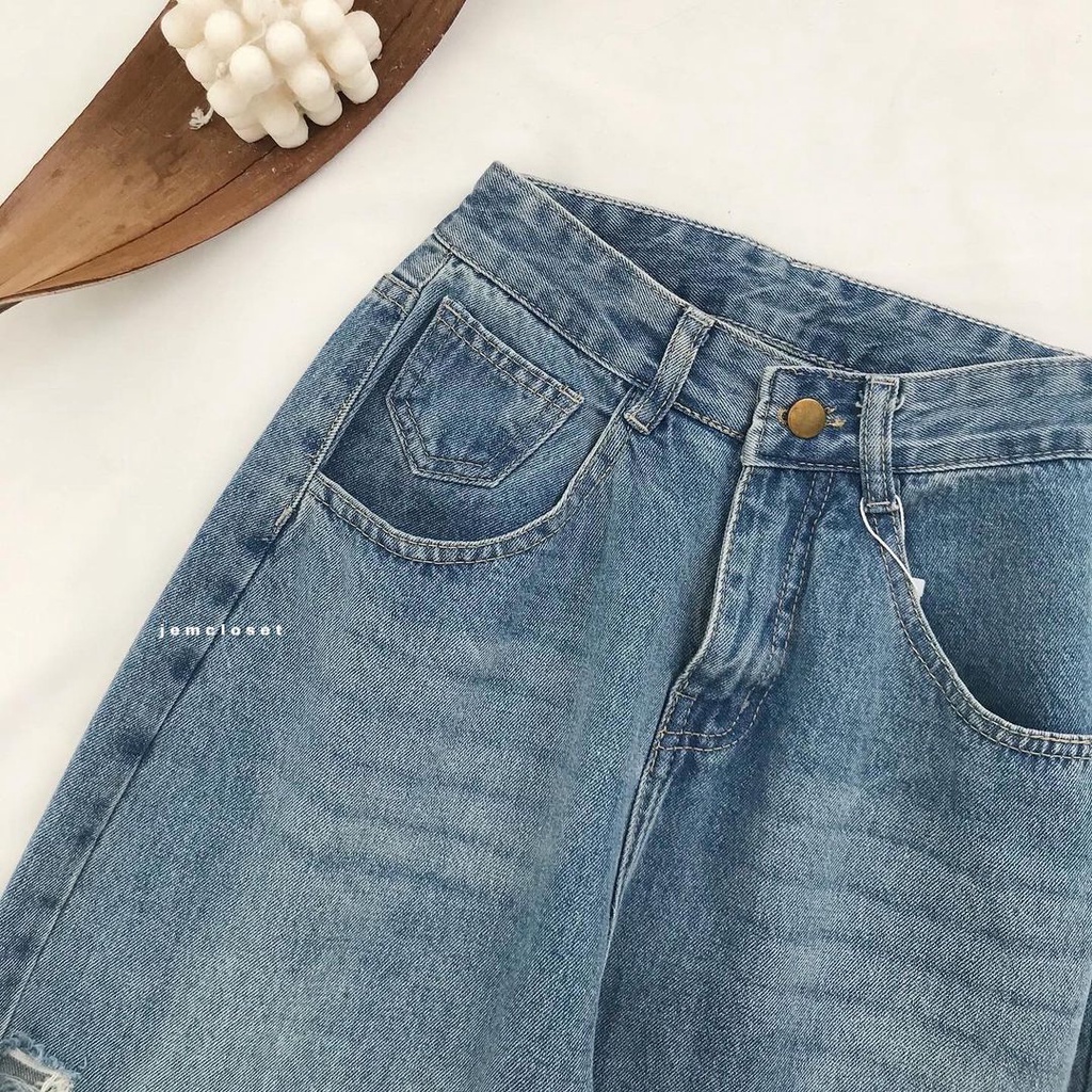 Quần Jean Baggy Nữ Lưng Cao JEM CLOSET Quần Bò Ống Đứng Form Rộng Rách Gối Màu Xanh Phong Cách Năng Động STOC 2283