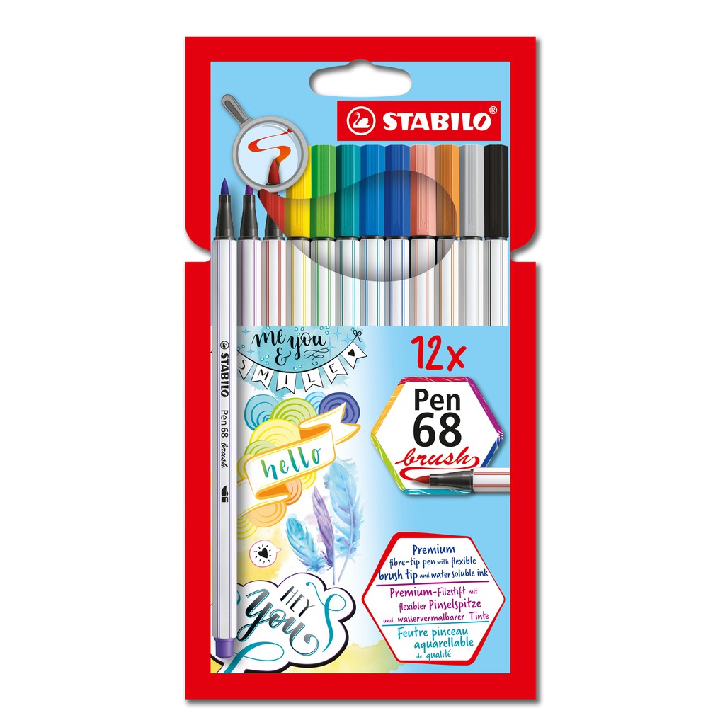 Bộ bút lông màu STABILO Pen 68 brush, 12 màu/vỉ (PN68BR-12P)