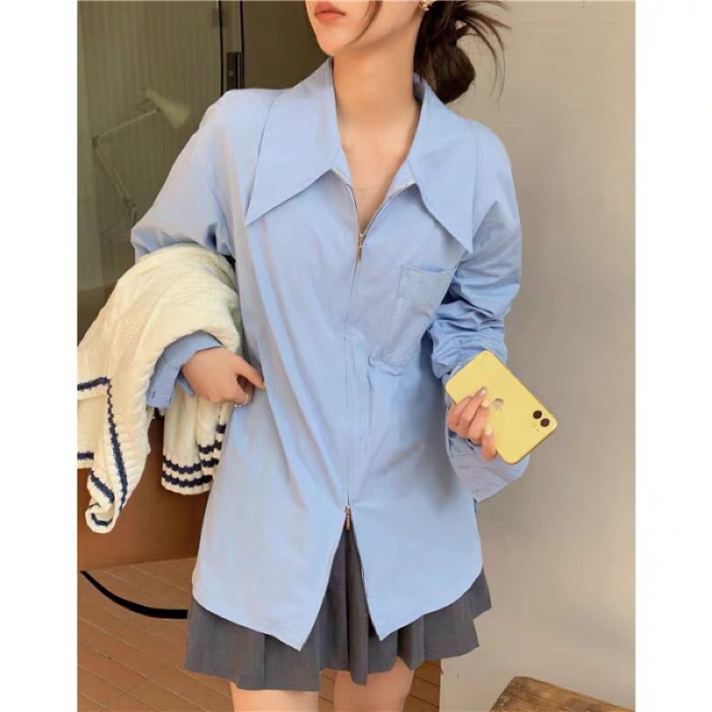 Áo sơ mi phụ nữ dài tay áo kéo khoá thiết kế mới