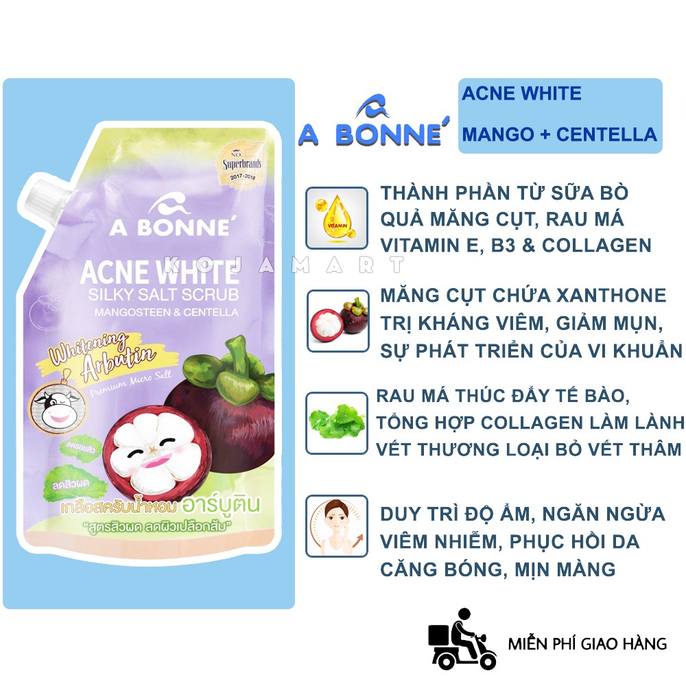 Muối Tắm Trắng Da Giảm Mụn A Bonne' Acne White Silky Salt Scrub | Mango và Centella | [Hàng Cao Cấp]