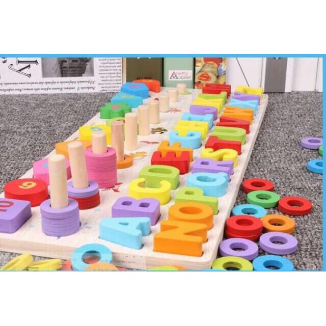 Bảng Chữ Cái Và Số Đếm Đa Năng 4 Hàng Kèm Hình Khối Cho Bé Học Theo Phương Pháp Montessori