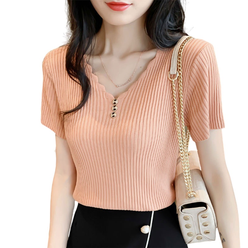 Áo Dệt Kim Nữ Tay Ngắn Cổ Chữ V Màu Trơn Thời Trang