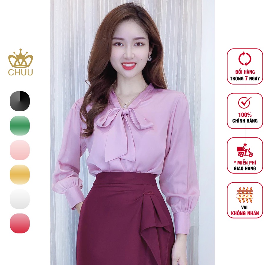 Áo sơ mi lụa trơn nơ tay dài CHUU A5236
