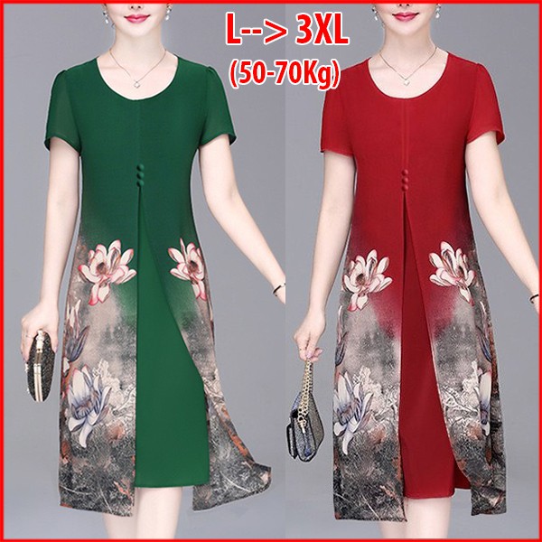 GOTI – Đầm Dự Tiệc Trung Niên Cao Cấp Dáng Suông Giấu Bụng Dáng Dài Tay Ngắn 2 Lớp Voan Hoa 3296 3300 3301