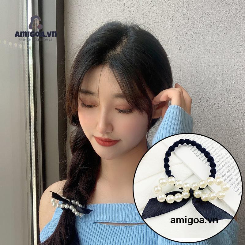 Dây Buộc Tóc Cao Su Co Giãn Thắt Nơ Đính Ngọc Trai Xinh Xắn Cho Nữ