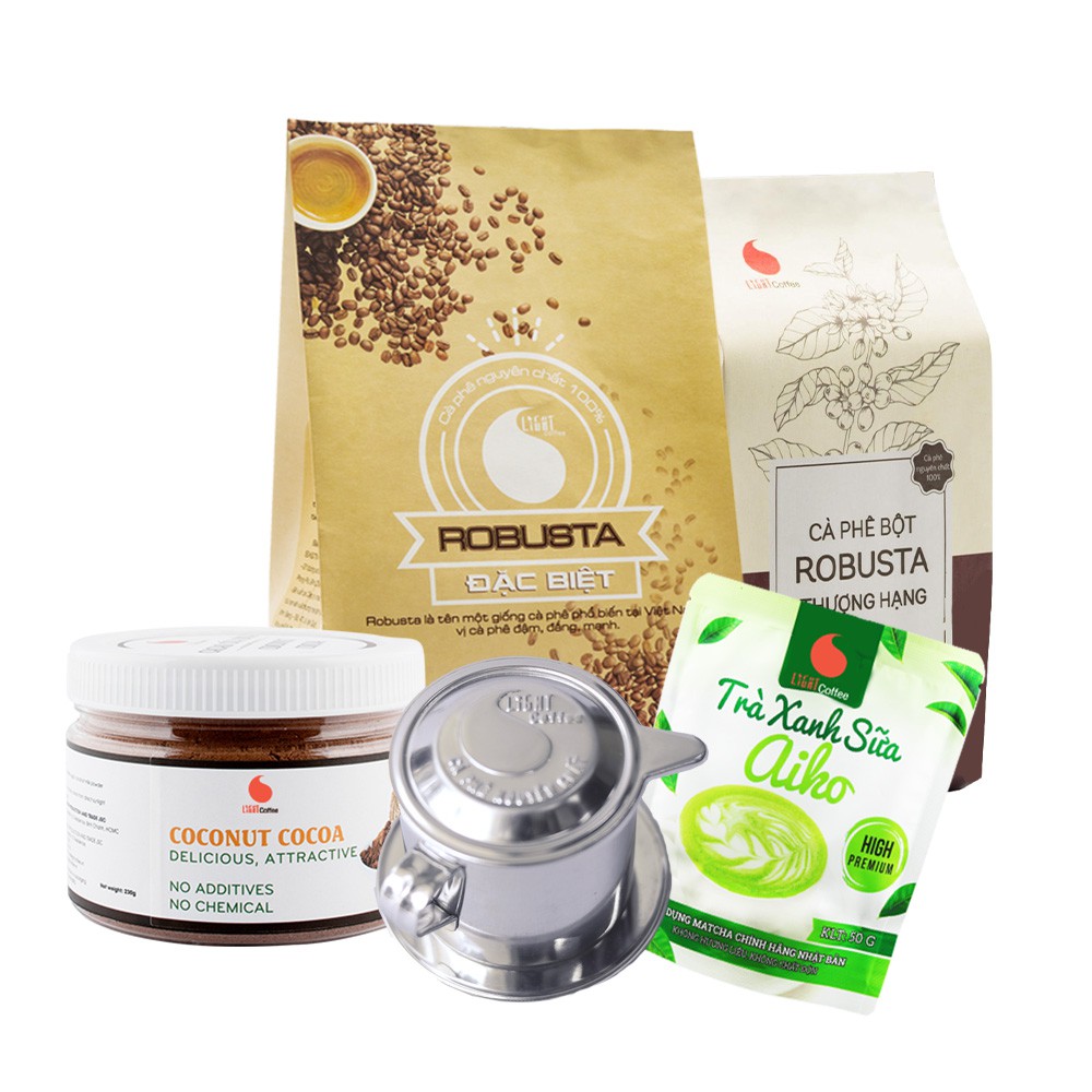 SET Làm quen 7, cà phê Đặc biệt 500g, Thượng hạng 100g, cacao sữa dừa 230g, phin innox, matcha sữa Aiko 50g Light coffee