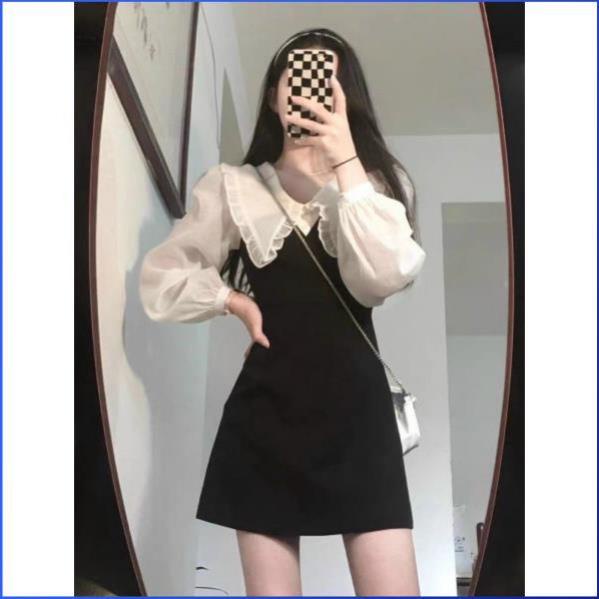 Đầm Đen MATHOA Đầm Chữ A Công Sở Dáng Sơ Mi Phối Trắng Cổ Peter Bèo Tay Dài Phồng Đẹp Thời Trang DG