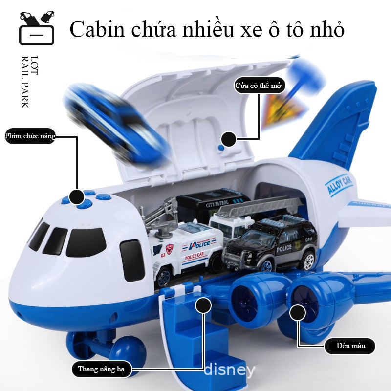Bộ đồ chơi mô hình máy bay chứa 4 xe ô tô cảnh sát biển báo chạy pin kèm nhạc và phát sáng