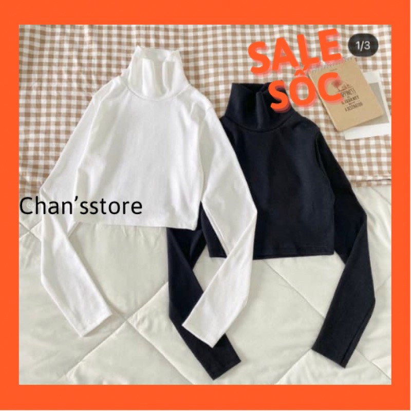 Áo croptop tay dài cổ lọ chất thun gân mịn