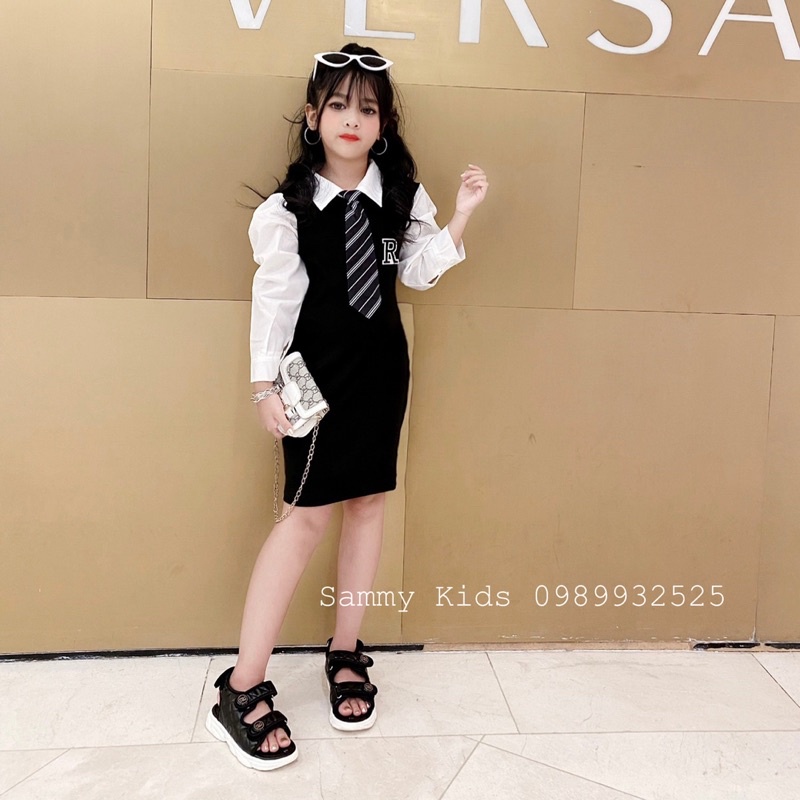 Váy Body phối tay Sơ mi kèm Calavat Hàn Quốc cho bé gái size đại 16-40kg