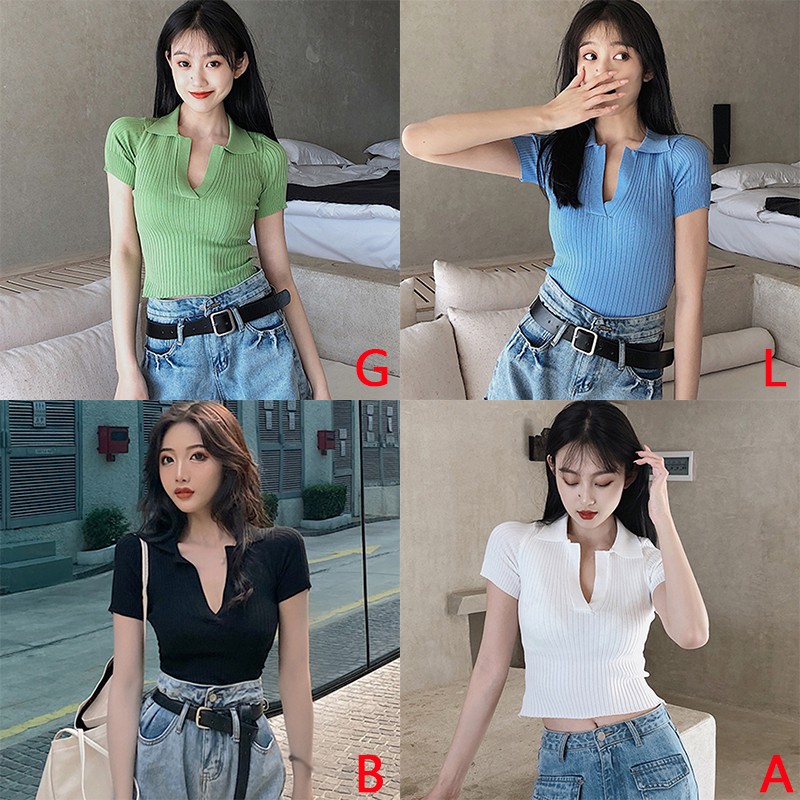 Áo Croptop Dệt Kim Tay Ngắn Thiết Kế Cổ Bẻ Thanh Lịch