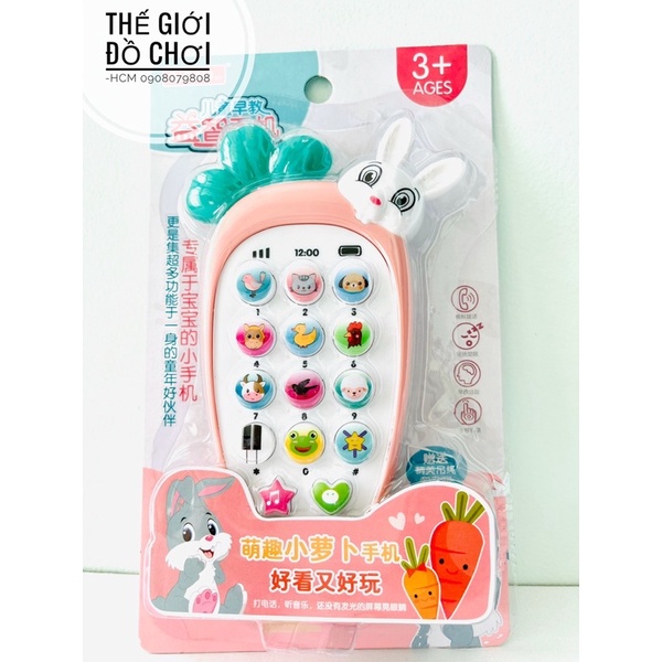 [ HOT- CÓ NHẠC VÀ ĐÈN] Đồ chơi điện thoại thông minh thỏ con cà rốt, có kèm 3 pin, ấn là phát ra nhạc và đèn.
