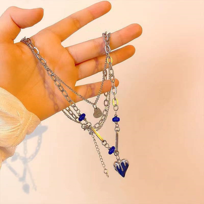 Vòng cổ Hai Lớp Mặt Hình Trái Tim Màu Xanh Dương Phong Cách Ngọt Ngào