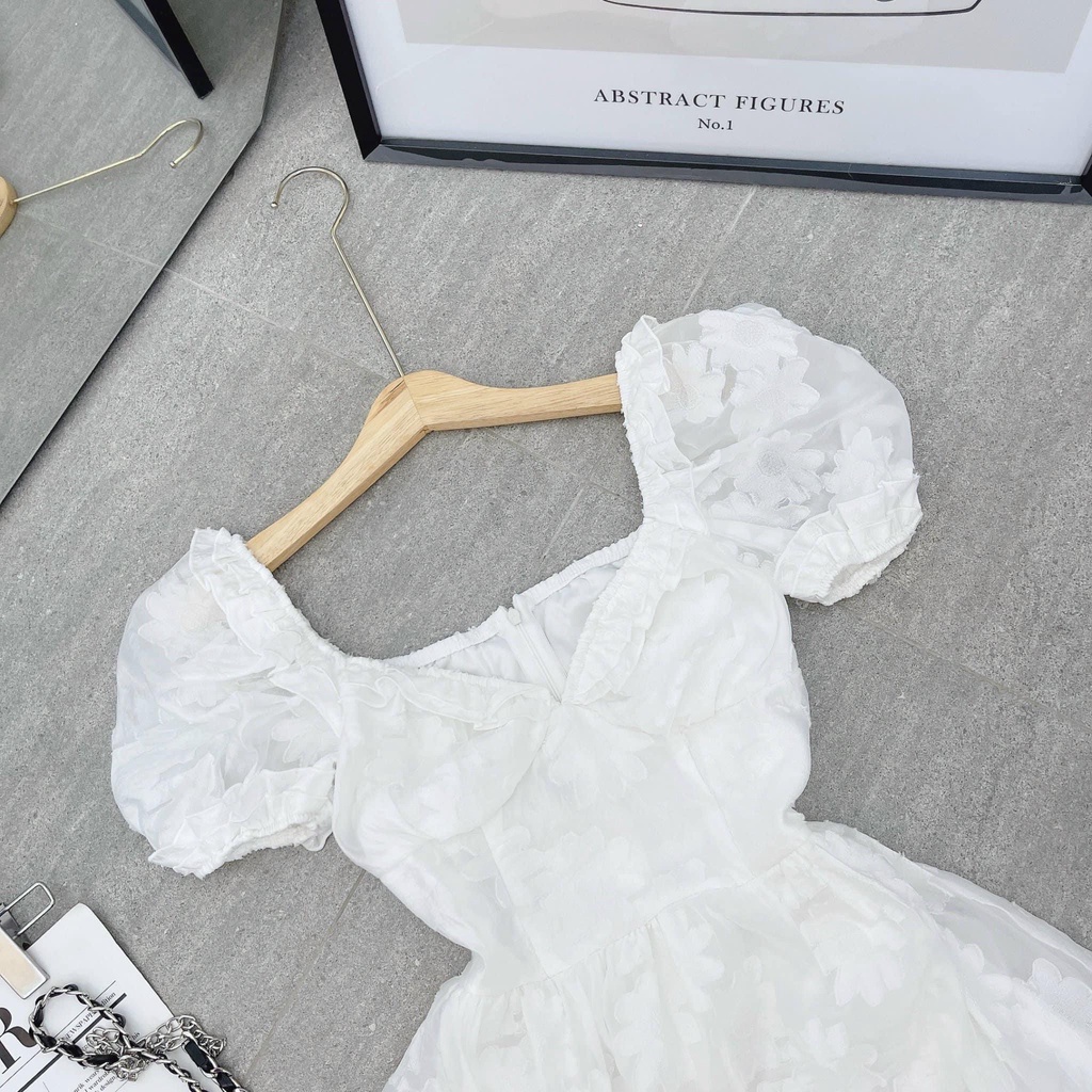 ĐẦM MIDI HOA NỔI VIỀN BÈO NGỰC TRẮNG - DA2598