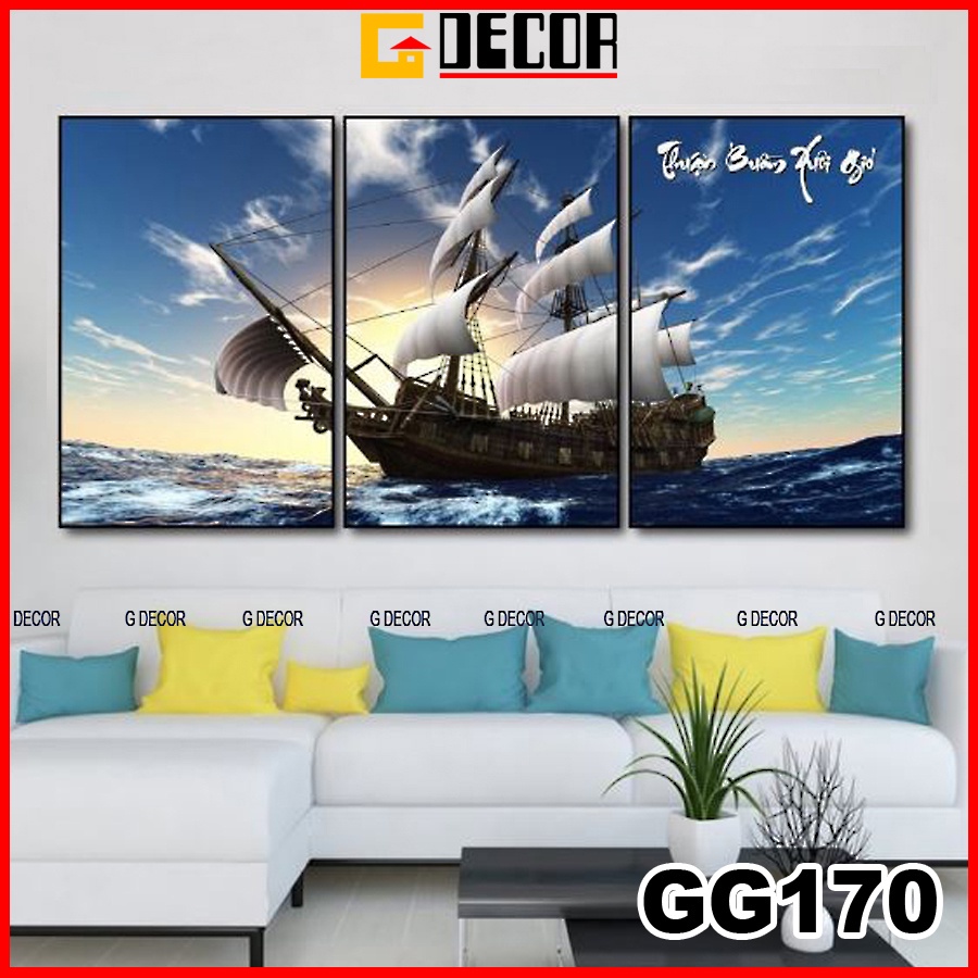 Tranh treo tường canvas 3 bức phong cách hiện đại Bắc Âu 170, tranh thuận buồm xuôi gió trang trí phòng khách, phòng ngủ