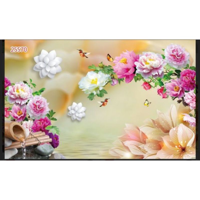 tranh dán tường vải lụa 3D hoa mẫu đơn