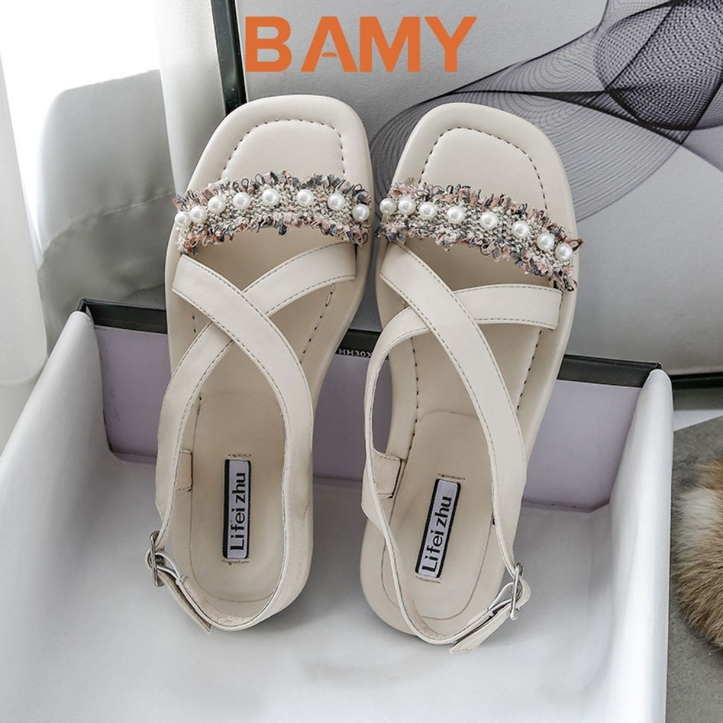 Dép Sandal Nữ đính Ngọc Châu Vải Ren quai chéo CHIBAMY đế bệt, Dép quai hậu nữ học sinh, sinh viên