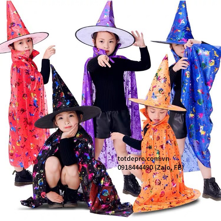 Set 2 chi tiết Mũ và choàng halloween lấp lánh 7 sắc cho bé gái bé trai hóa trang phù thủy