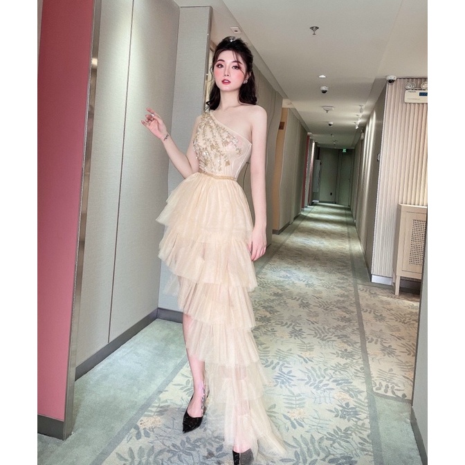 Đầm jum dự tiệc 1 vai xếp tầng kết cườm có quần trong dễ măc TRIPBLE T DRESS - size M/L - MS370V
