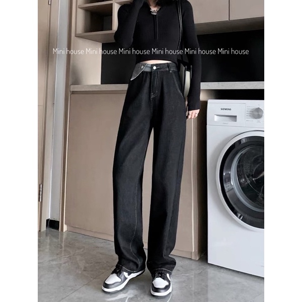 Quần jean màu xám ống rộng  thiết kế eo hình tam giác