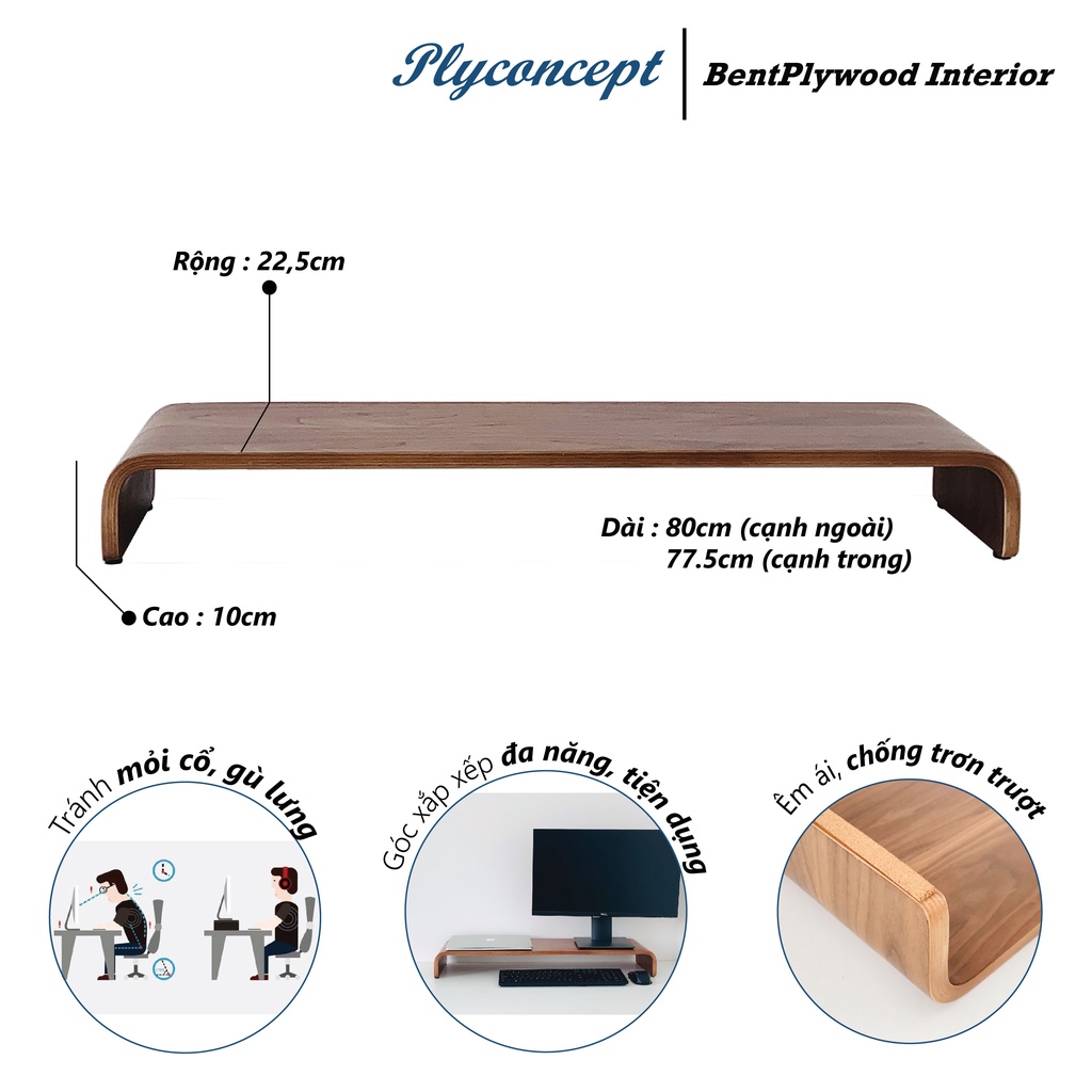 Kệ màn hình máy tính, Kệ Tivi Dài 80 cm, Gỗ uốn cong Plyconcept Monitor Stand U800 - Màu gỗ Walnut
