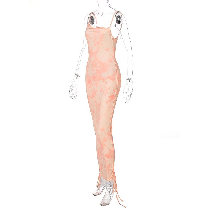 Đầm Dài Rút Dây Hở Lưng Họa Tiết Màu Nhuộm Thời Trang