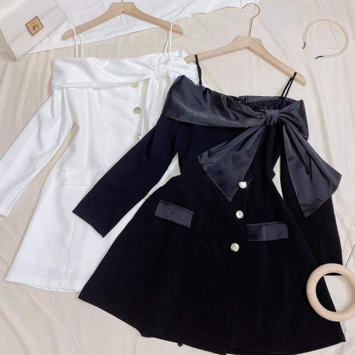 [Hàng thiết kế cao cấp] Đầm xòe trễ vai phối nơ màu trắng - Đen sang trọng váy dự tiệc dạo chơi | BigBuy360 - bigbuy360.vn