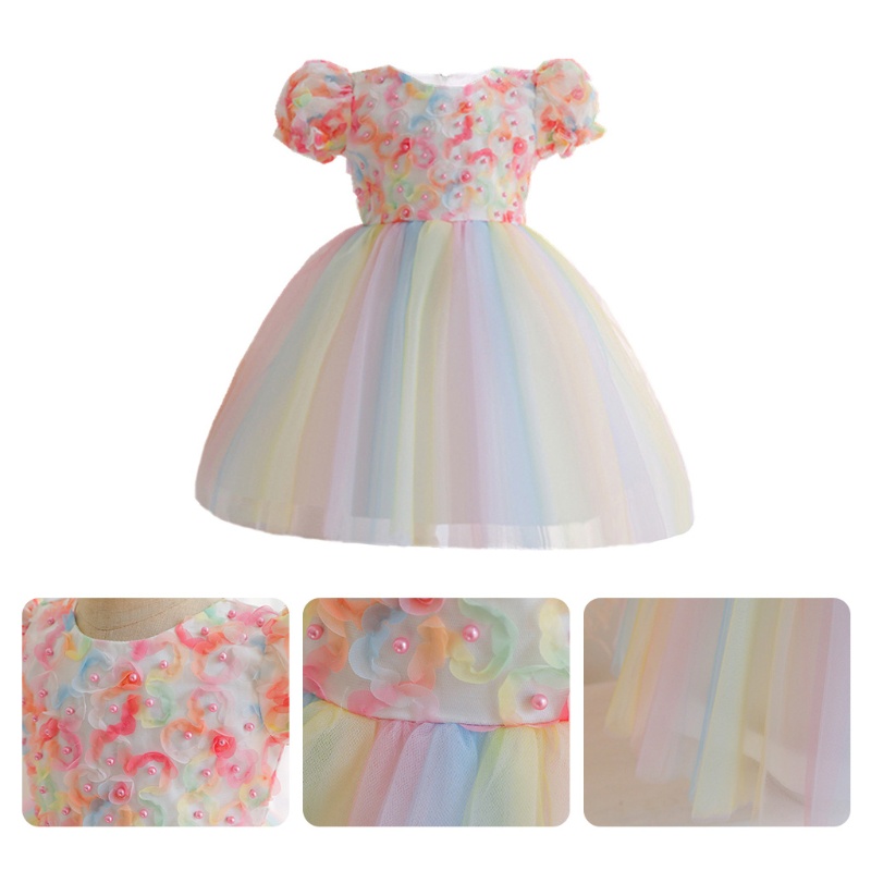 Đầm Công Chúa Vải Tuyn Tay Phồng Đính Hạt Và Hoa 3D Cho Bé Gái