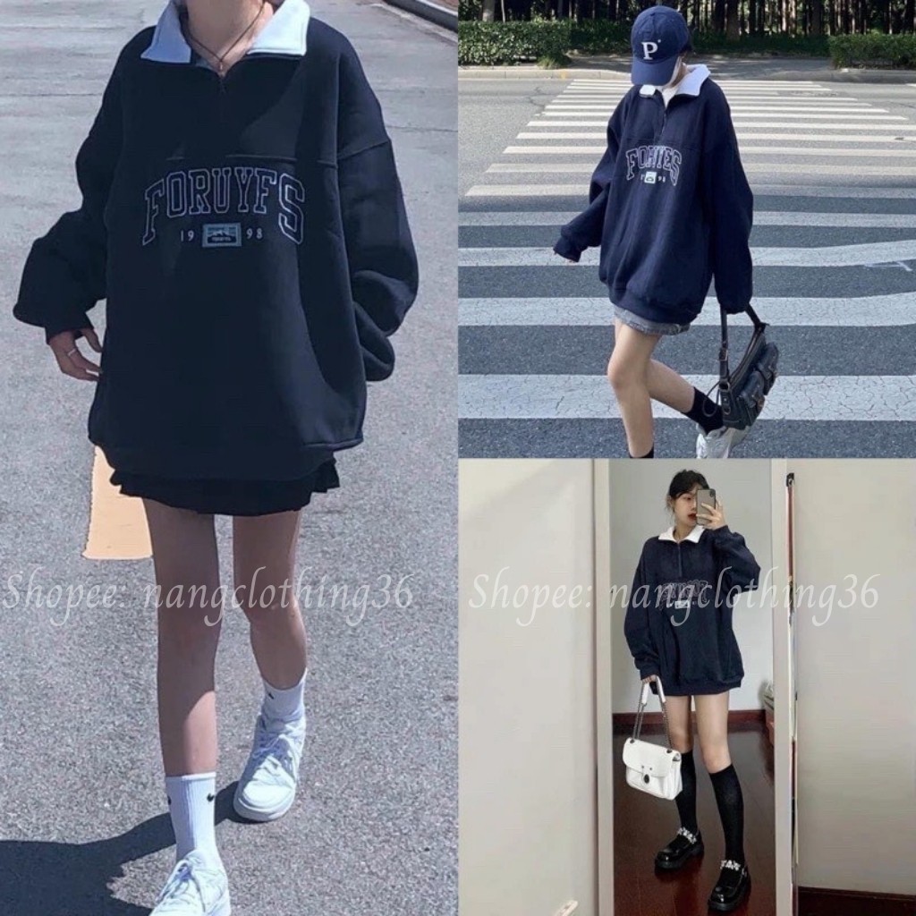 Áo Sweater Nỉ, Áo Sweater Nữ Form Rộng Cá Tính Ulzzang Xanh Đen Cổ Bẻ Chất Nỉ Ngoại Dày Dặn Freesize 38-70kg