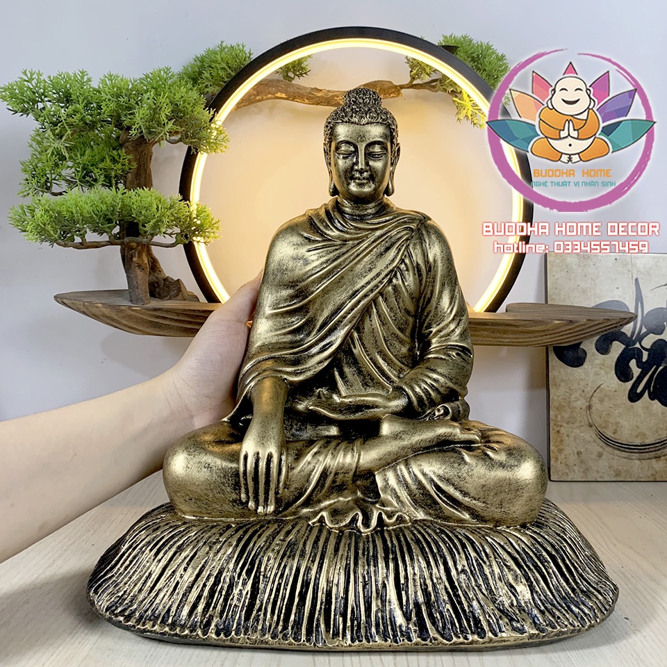 Tượng Bổn Sư Thích Ca cao 21 cm mạ đồng cổ trang trí nội thất nhà cửa