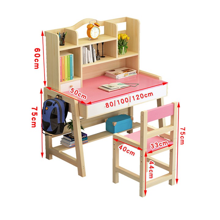 Bộ bàn ghế học sinh gỗ thông cho bé, bàn học kèm giá sách BAH046
