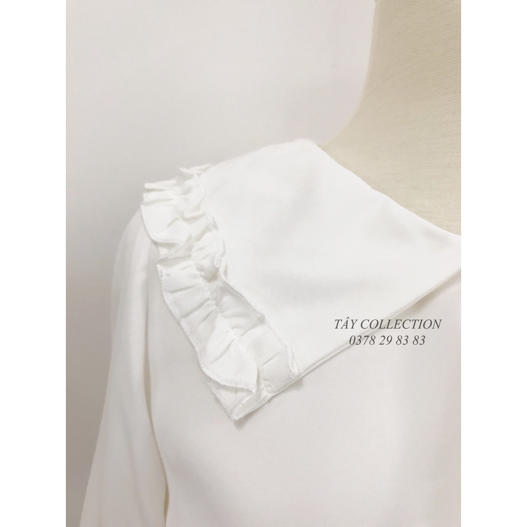 Áo sơ mi phối cổ nhún bèo cột nơ thiết kế Tây Collection