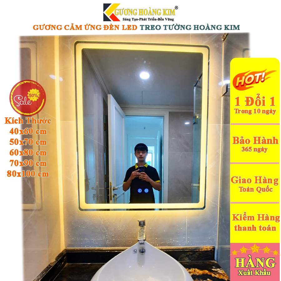 Gương nhà tắm cảm ứng đèn led treo tường chữ nhật trang điểm thông minh kích thước 60x80cm guonghoangkim mã HK3001